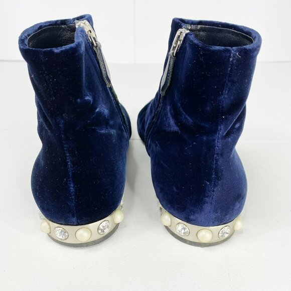 Miu Miu Ankle Boots Size 37.5 US 7.5 Booties Shoes Blue Velvet Embellished Heel - Picture 5 of 15